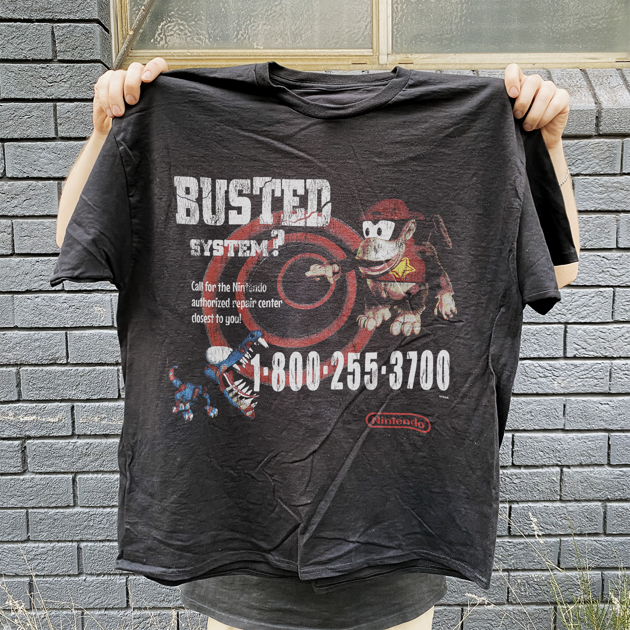 95 Nintendo Busted Systems Rare Employee Vintage Washed Black T-Shirt